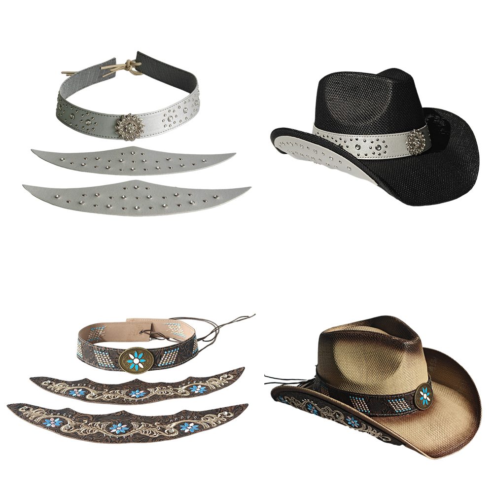 Cowboy Hat Straw - Cowboyhut, dreiteiliges Set, Zubehör, modisches besticktes