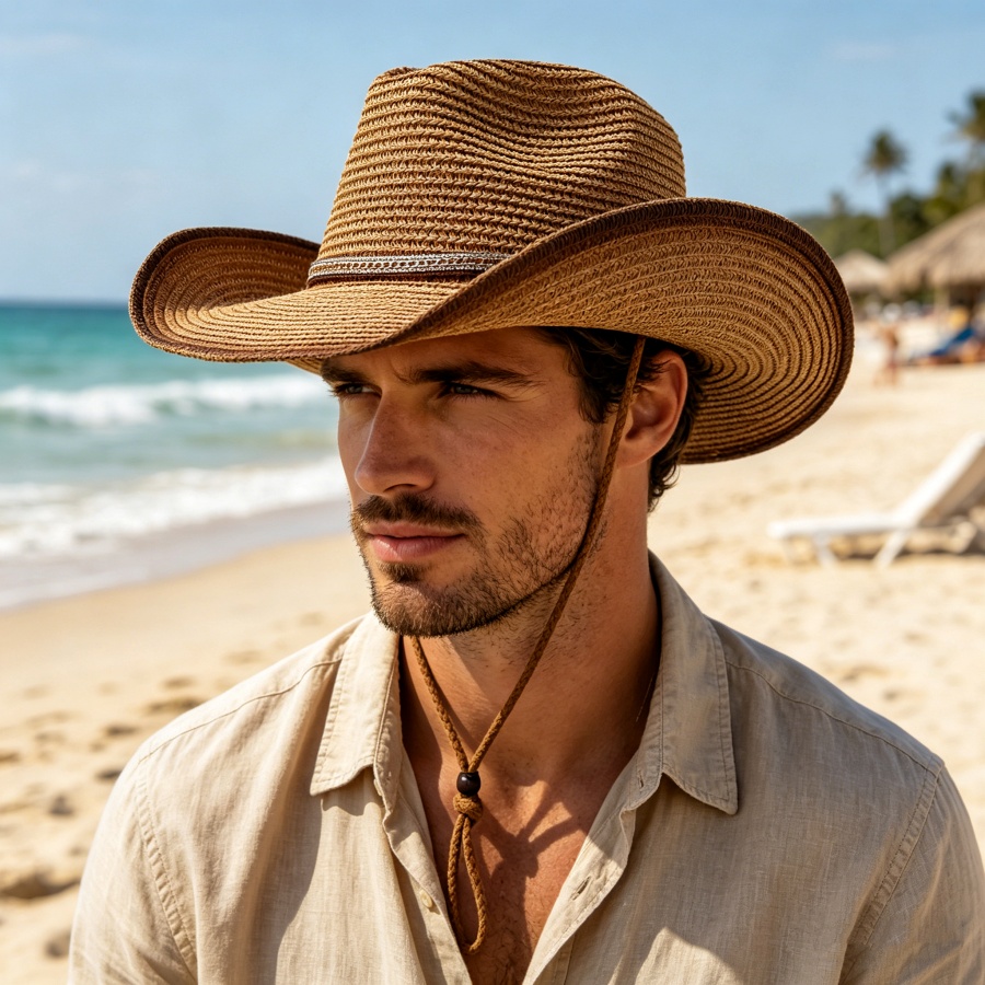 Cowboy Hat Straw - Retro-Western-Cowboy-Strohhut mit Farbverlauf und integriertem winddichtem